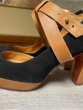 Schuler & Sons Black and Tan Suede Block Heel Pumps with Ankle Strap